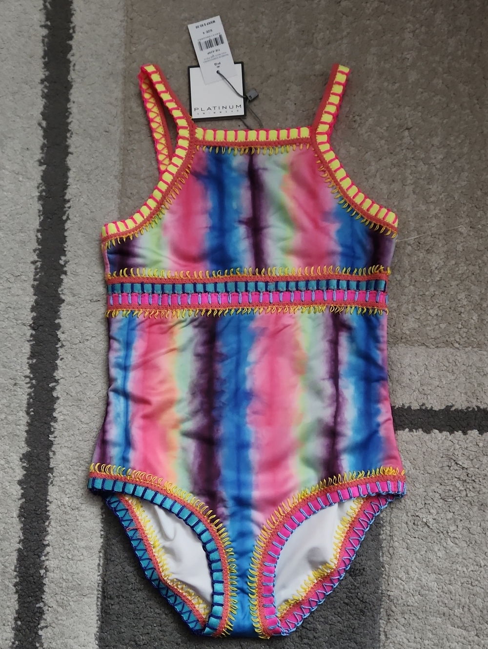 PQ Swim Kids Rainbow Embroidered High Neck Tie-Dye One-Piece Girls Size 6 NWT